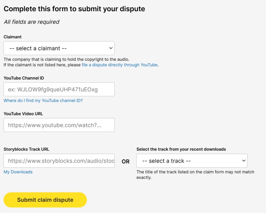 Screenshot of the Storyblocks form to submit a dispute for a copyright claim.