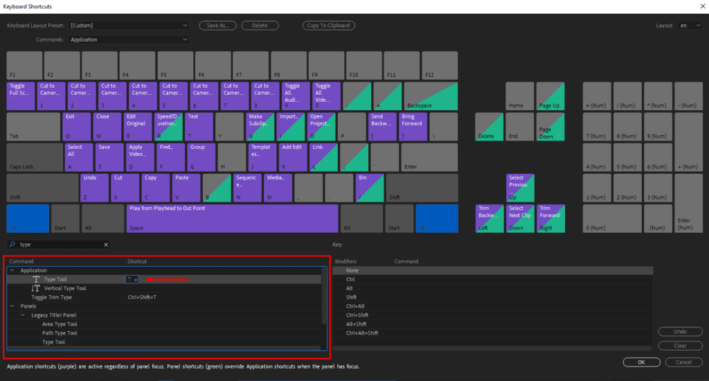 Screenshot of customizing a keyboard shortcut in Premiere Pro