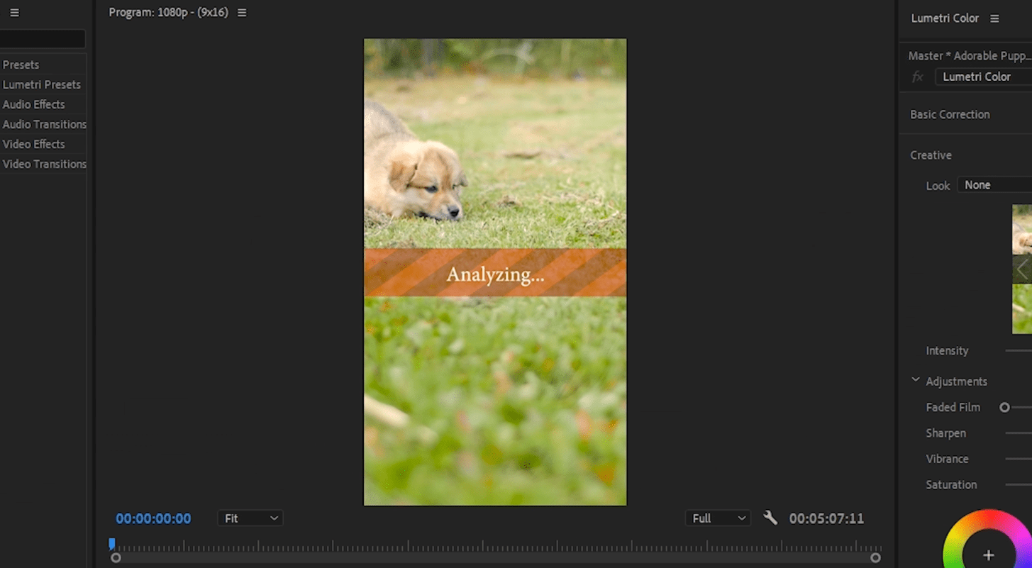 Screenshot of Premiere Pro analyzing the footage for the Auto Reframe Sequence process.