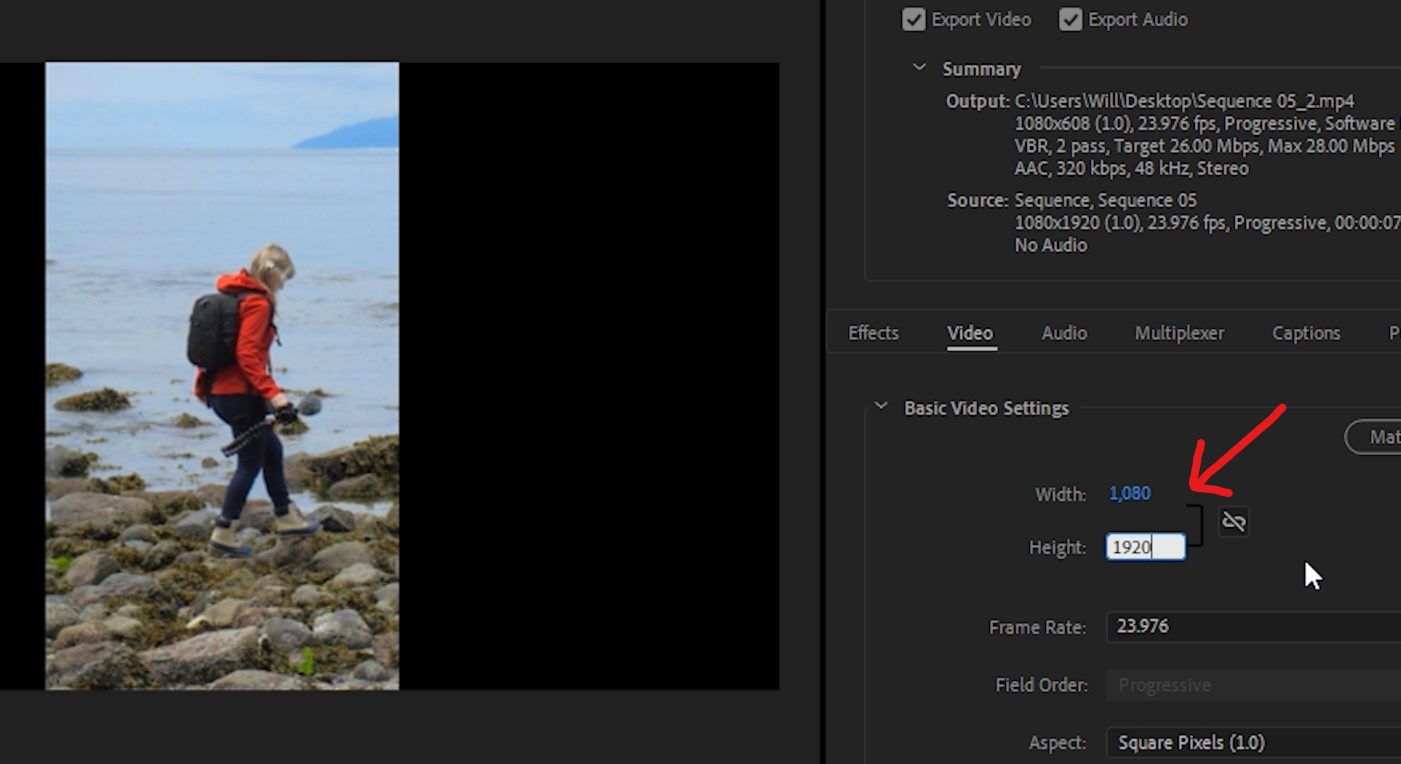 A screenshot of the Export panel with the Width and Height settings highlighted.