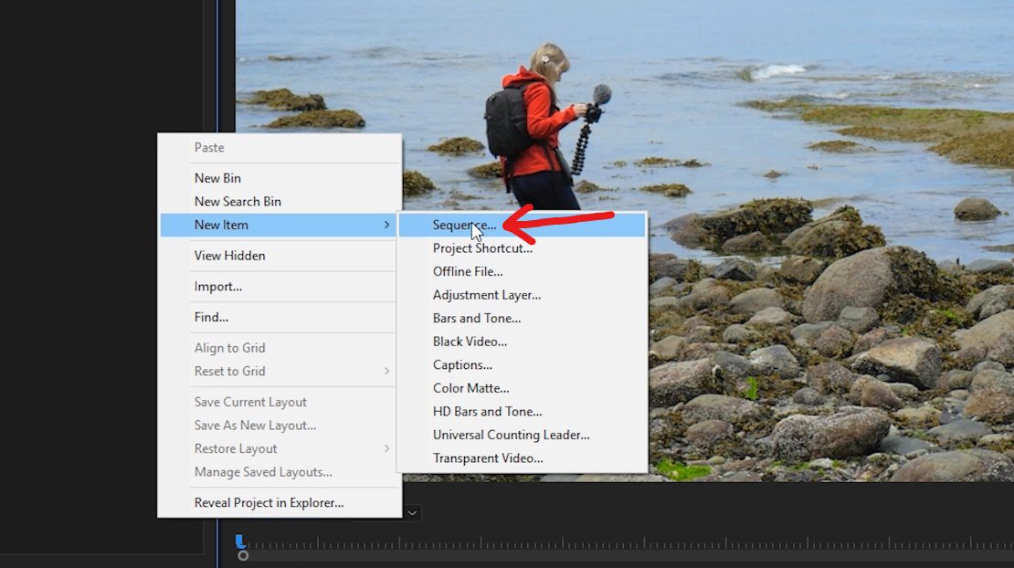 To change the aspect ratio of your video, right-click and select New Item > Sequence.