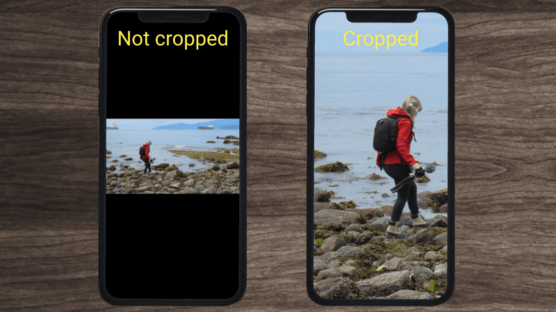 Screenshot showing an example of a horizontal video that hasn't been cropped versus a vertical video that has been.