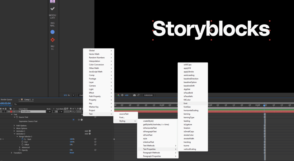 Screenshot of the Text > Styling menu options in After Effects