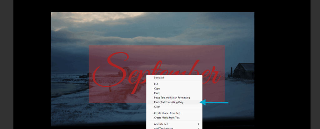 Screenshot showing the option for Paste Text Formatting Only in After Effects