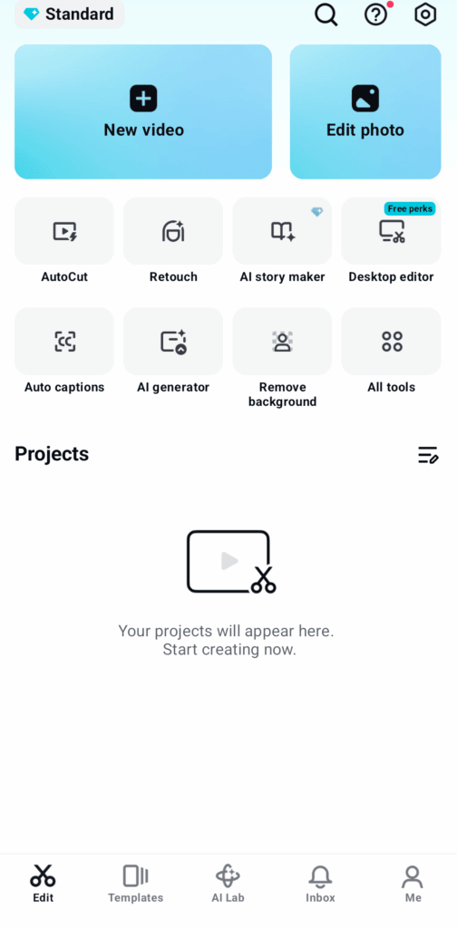 Screenshot of CapCut showing the main Edit home page.