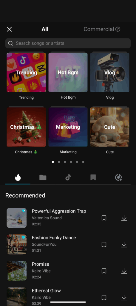 Audio options inside the CapCut library.