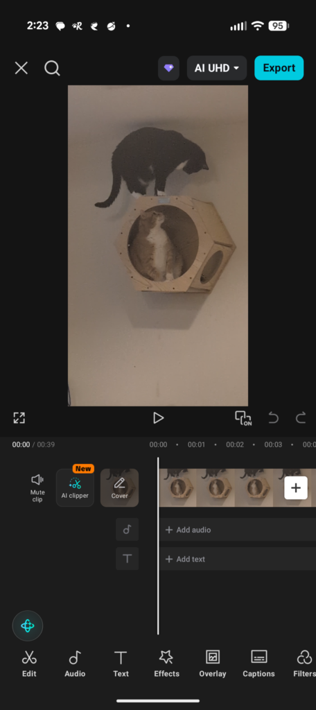 The the video editing timeline inside CapCut's mobile app editor with footage.