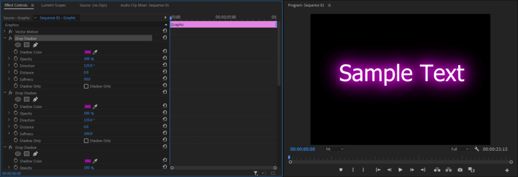 A screenshot showing the second Drop Shadow’s Softness to 100, and the third to 200.