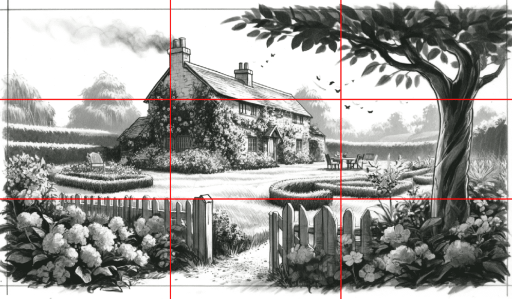 A frame from a screenplay showing the rule of thirds in composition that divides it into a 3x3 grid.