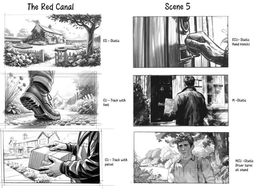 Example of a film storyboard with shot details added to each frame.
