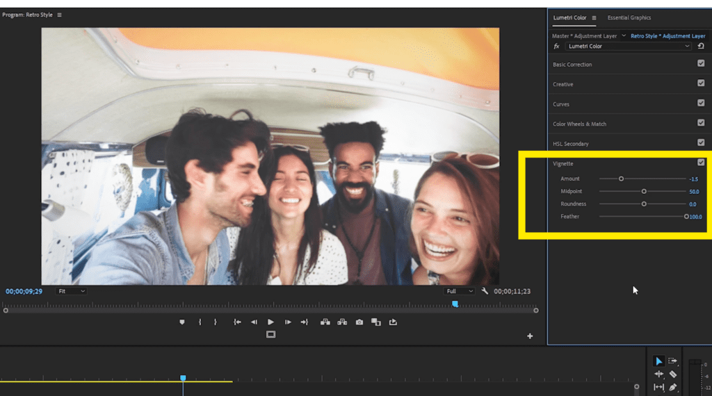 Screenshot of Vignette settings inside the Lumetri Color panel.