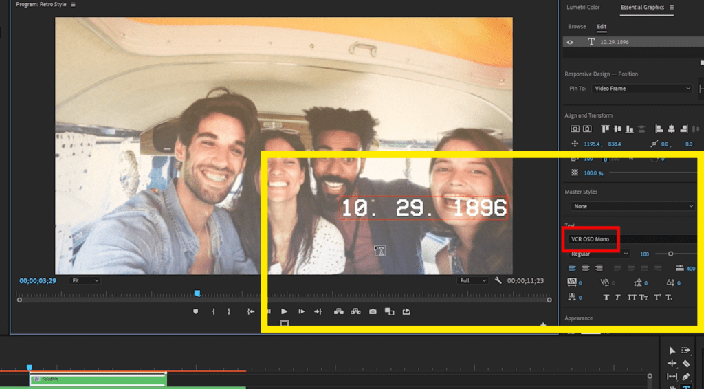 Screenshot of the Type tool adding a date in the corner for a retro VHS effect.
