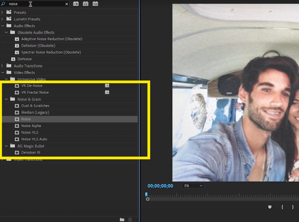 Screenshot of the Noise effect inside of the Effects Panel > Noise & Grain.
