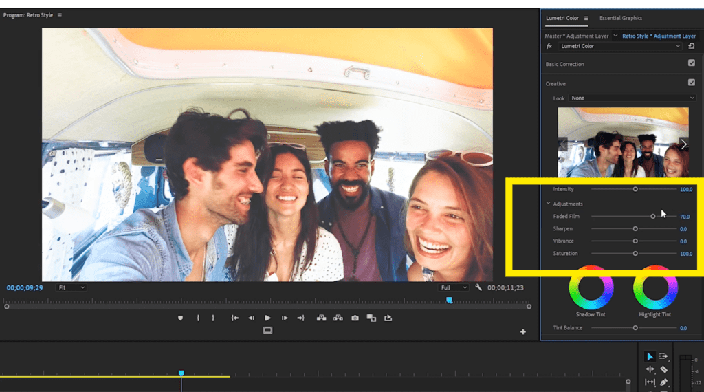 Screenshot of the Faded Film slider inside the Lumetri Color panel under the Creative tab.