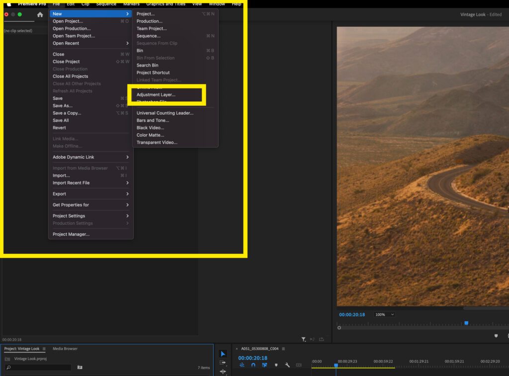 Screenshot of where to add an adjustment layer in Premiere Pro. File > New > Adjustment Layer