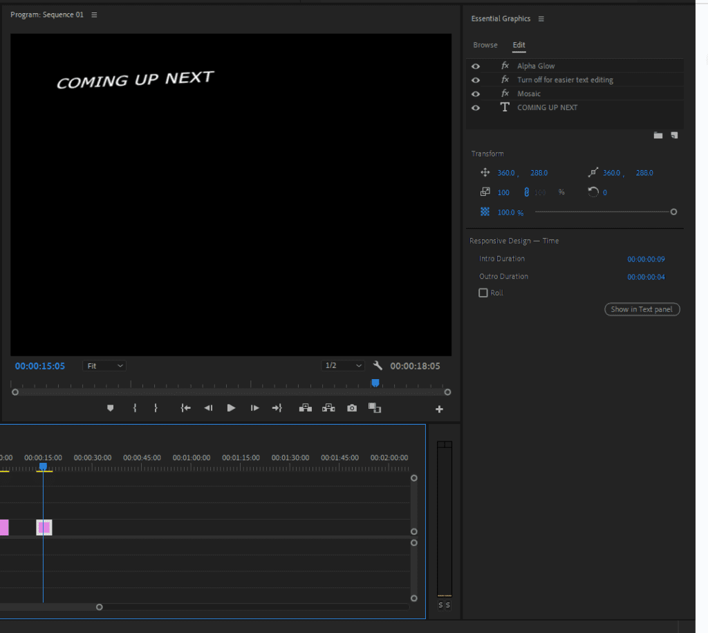 A screenshot of Premiere Pro showing how to adjust the Responsive Design and other settings for Essential Graphics.