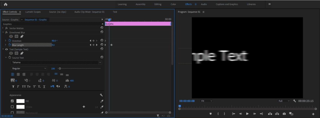 Premiere Pro screenshot showing the correct Directional Blur settings to create a motion blur text transition.