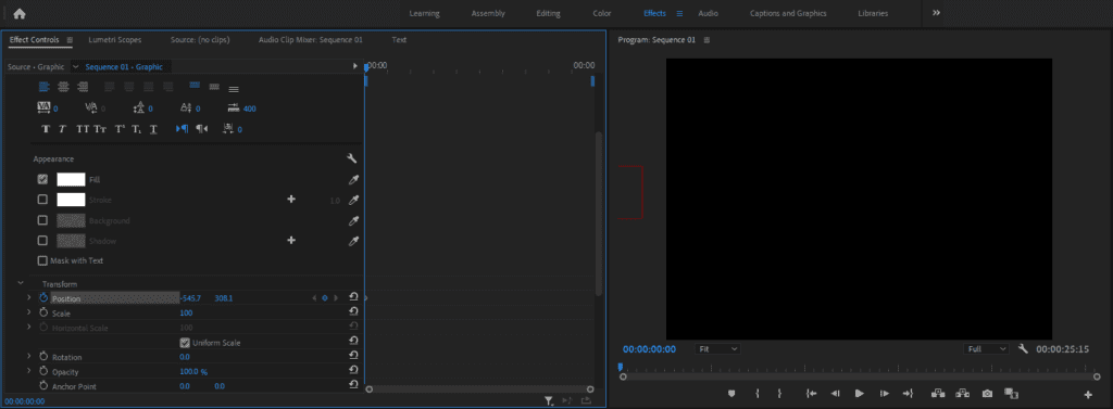 A screenshot of Premiere Pro showing how to add the first keyframe for a blur text transition.