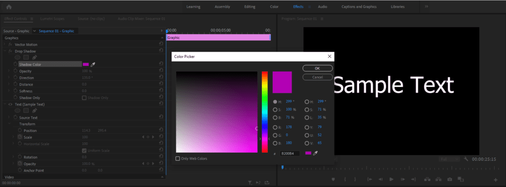 Premiere Pro screenshot showing how to adjust the color setting for Drop Shadows.