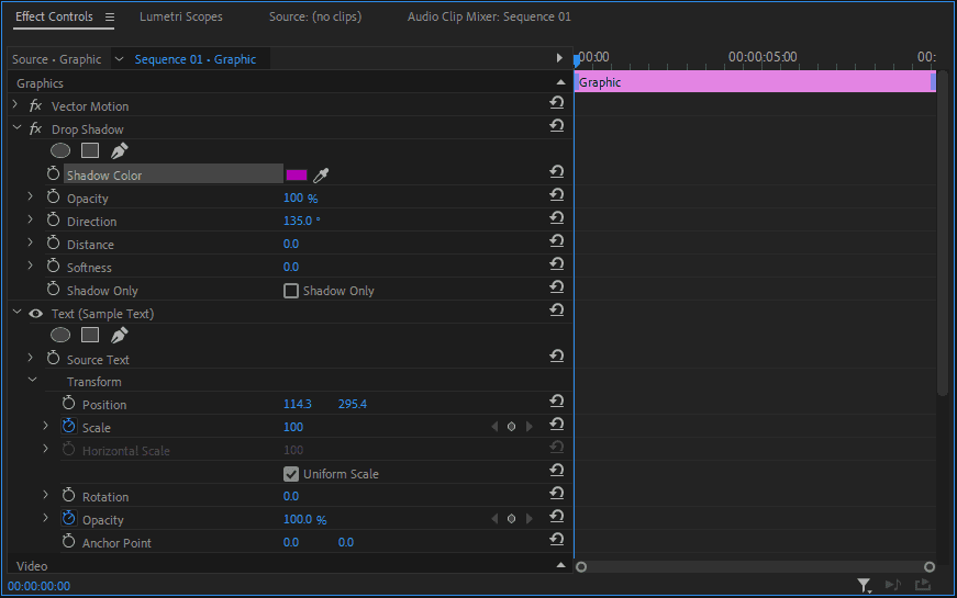 A Premiere Pro screenshot showing how to set Drop Shadows to 100% Opacity and 0 Distance.