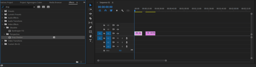 A screenshot showing where to find the Drop Shadow effect in Premiere Pro's Effects window.