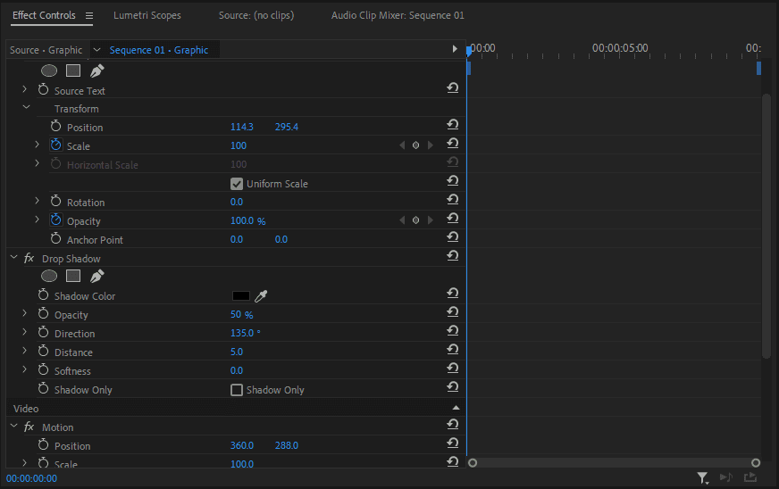 A Premiere Pro screenshot showing the various settings you can adjust for Drop Shadows in the Effect Controls panel.
