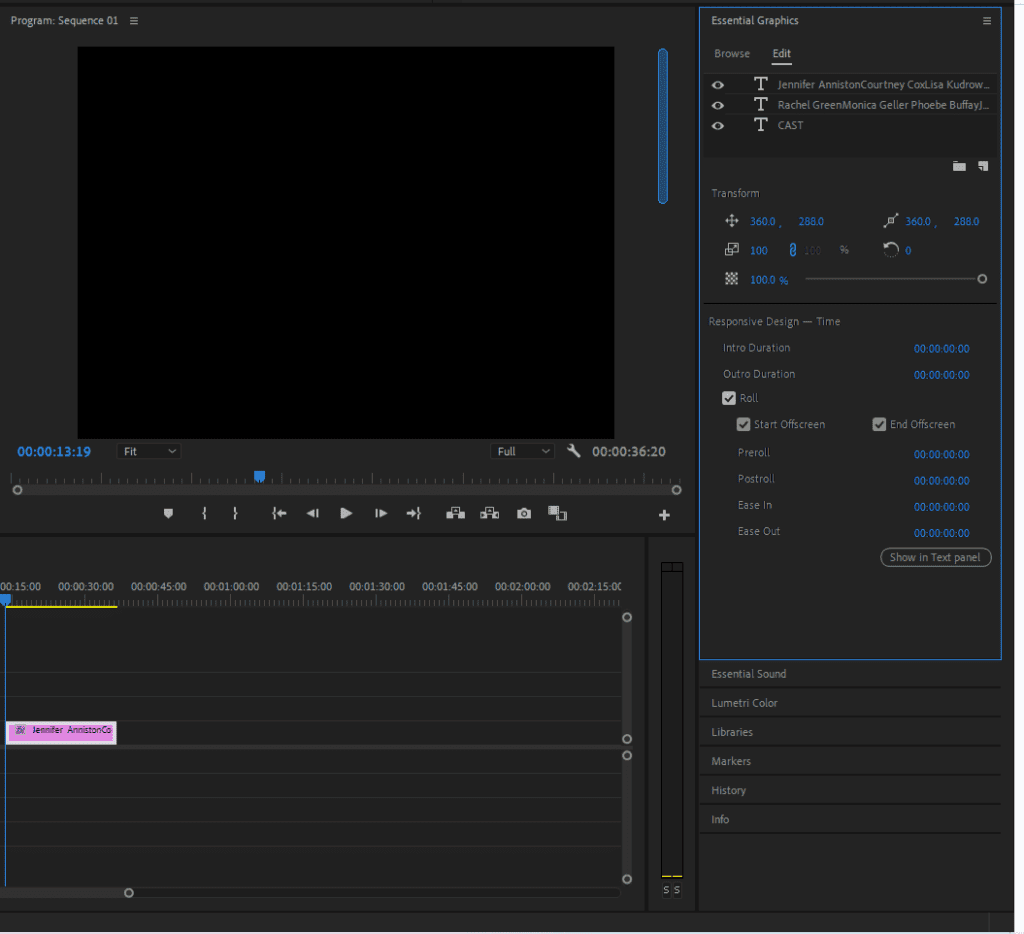 A screenshot of Premiere Pro showing the Essential Graphics panel where the Roll option can be found.