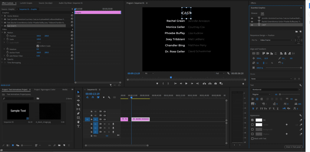 A screenshot showing a completed and aligned template film credits reel.