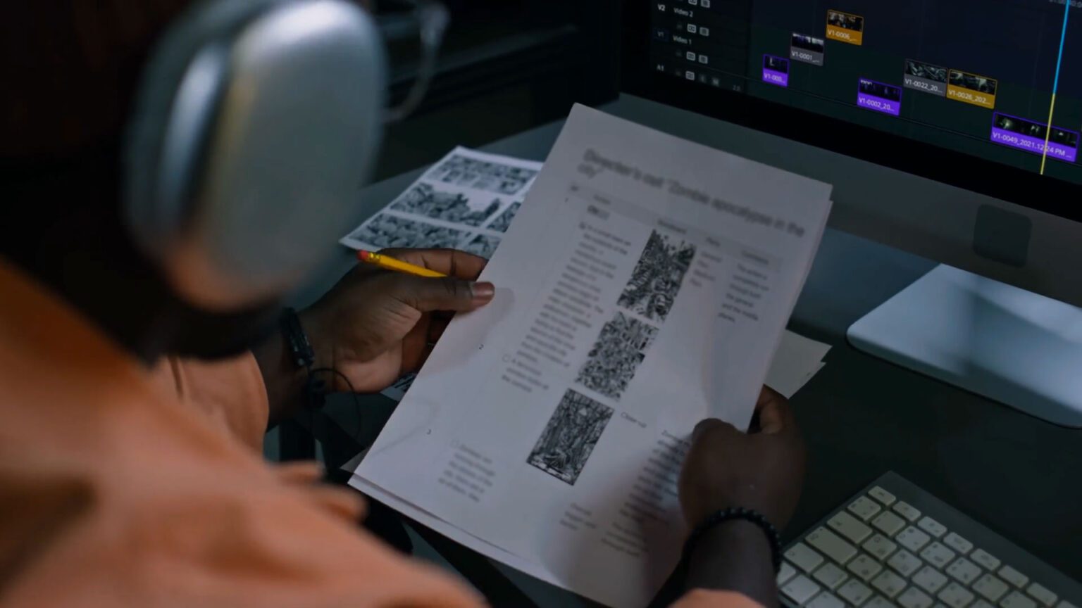 Learn how to create and use video script templates to improve the storytelling of your content. Over the shoulder shot of a Black man consulting a video script as he edits.