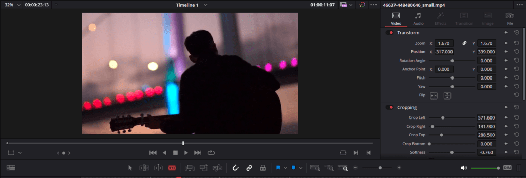 A screenshot of DaVinci Resolve's Inspector panel showing the effect of scaling and repositioning a clip after cropping.