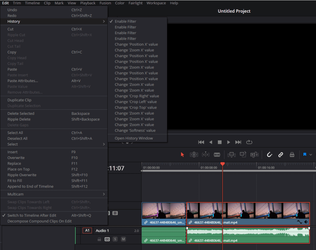 A screenshot of DaVinci Resolve's edit history menu.