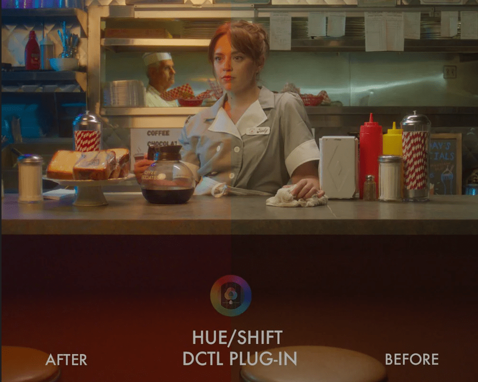 Screenshot showing an example of a clip before and after the hueShift plugin has been applied.