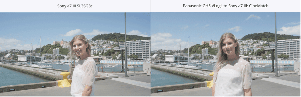 A screenshot showing an example of how the CineMatch DaVinci Resolve plugin matches a Panasonic GH5 VLogL clip to the Sony A7 III color space.
