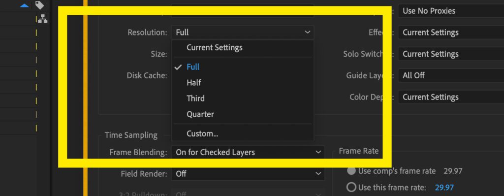Screenshot of the Resolution setting inside After Effects.