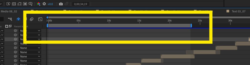 Screenshot of the timeline in After Effects with the portion of the project to render selected.