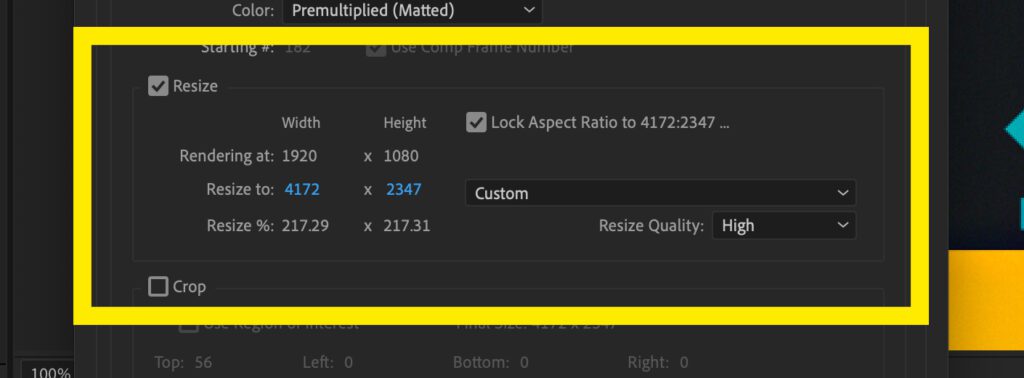 Screenshot of the Resize settings in After Effects.
