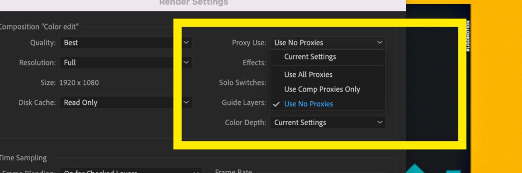 Screenshot of the Proxy Use settings inside After Effects Render options.