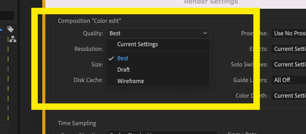 Screenshot of the Quality settings inside the Render Settings menu in After Effects.
