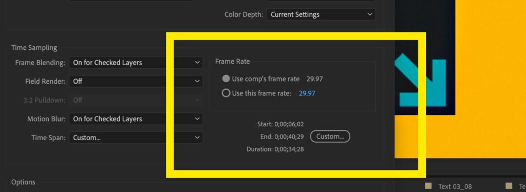 Screenshot of the Frame Rate setting inside After Effects Render Settings.