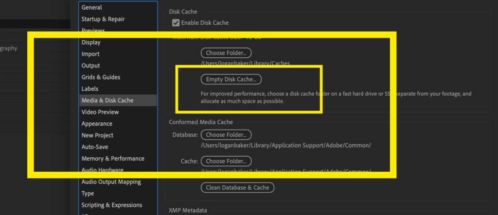 Screenshot of the Media and Disk Cache option inside After Effects.