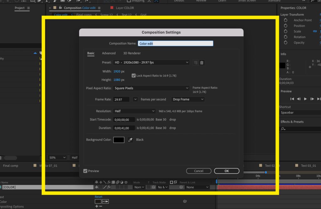 Screenshot of the Composition Settings window in After Effects.