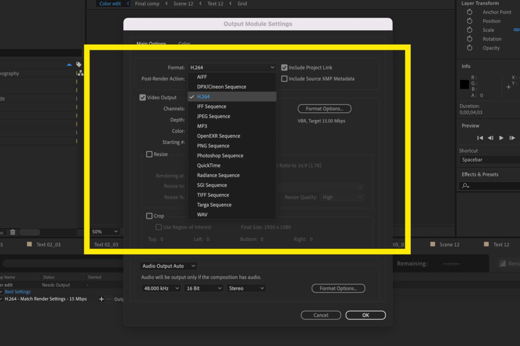 Screenshot of the Output Module Settings inside After Effects.