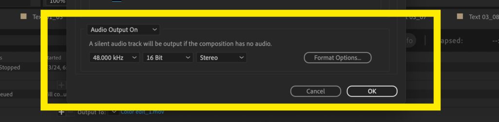 Screenshot of the Audio export settings in After Effects.