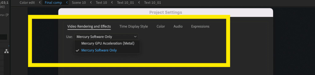 Screenshot of the Video Rendering and Effects settings inside the Project Settings window in After Effects.