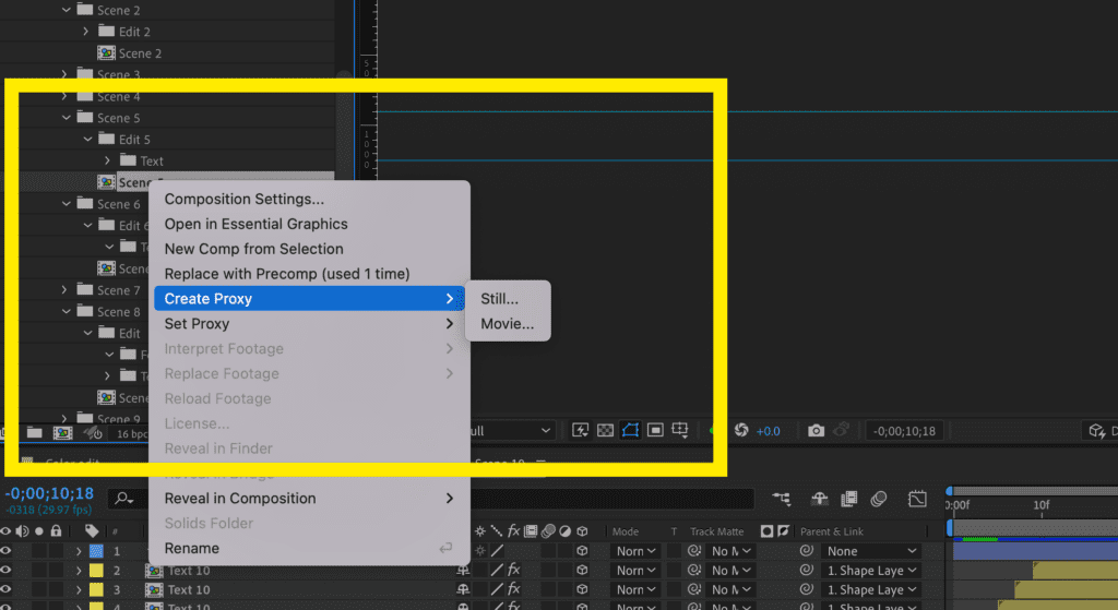 Screenshot of the Create Proxy > Still.... menu option inside After Effects.