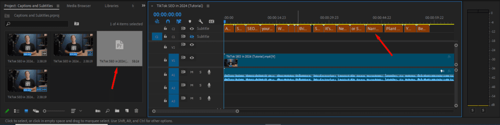 A screenshot of Premiere Pro after dragging the SRT file onto the timeline.
