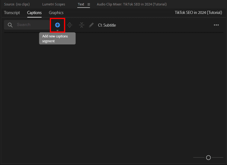 A screenshot of the Text window showing where to locate the + button.