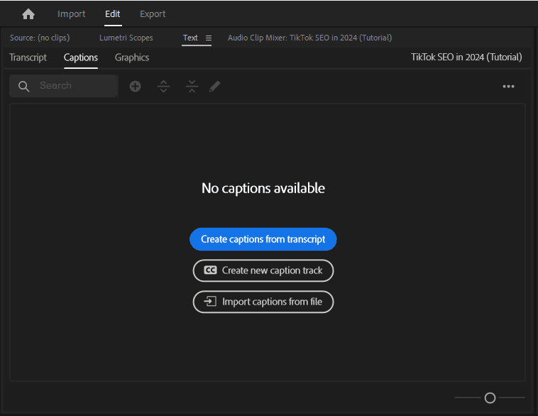 A screenshot of the Text window showing where to find the Create new caption track option.