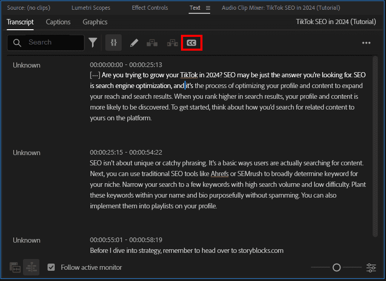 A screenshot of the Text window and the location of the Create Captions button.