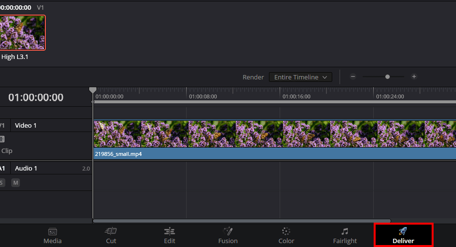 A screenshot showing how to navigate to the Deliver page in DaVinci Resolve.
